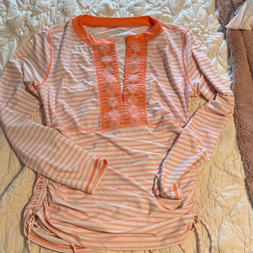 Cabana Life swim shirt…Orange and White Striped Long Sleeve Top